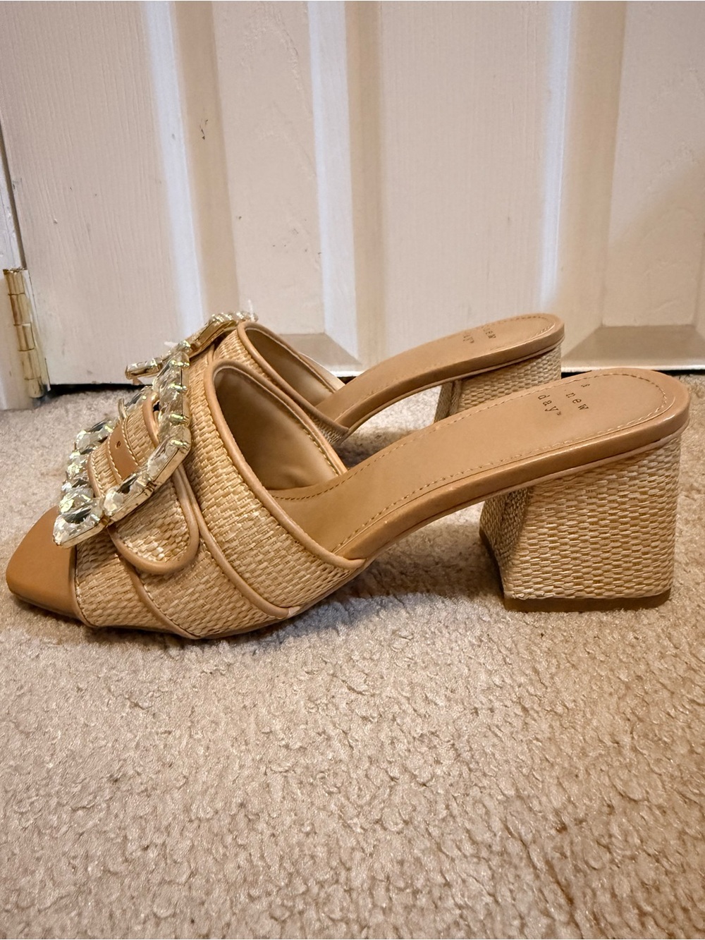 Woven Tan Slide Block Heel with Gem Embellishment